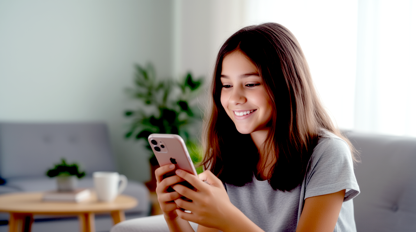 Lächelndes und glückliches Mädchen lebt auf ihrem Telefon