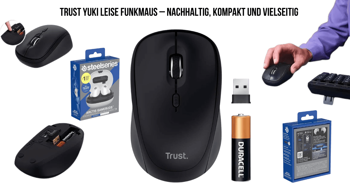 Kabellose Trust Yuki Funkmaus mit Zubehör, USB-Empfänger, Batterie, Verpackung und Anwendung am Arbeitsplatz.