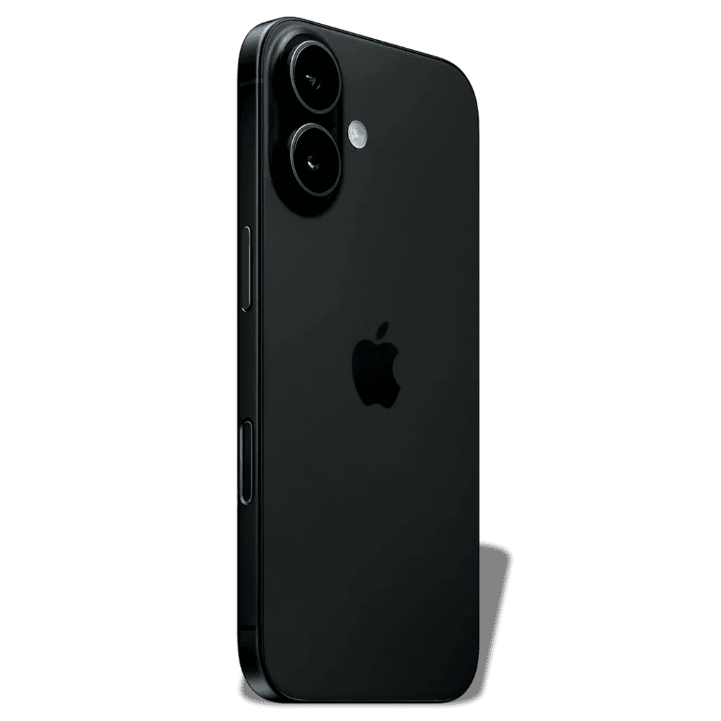 Rückseite eines schwarzen iPhone 16e mit zwei Kameralinsen und Apple-Logo.