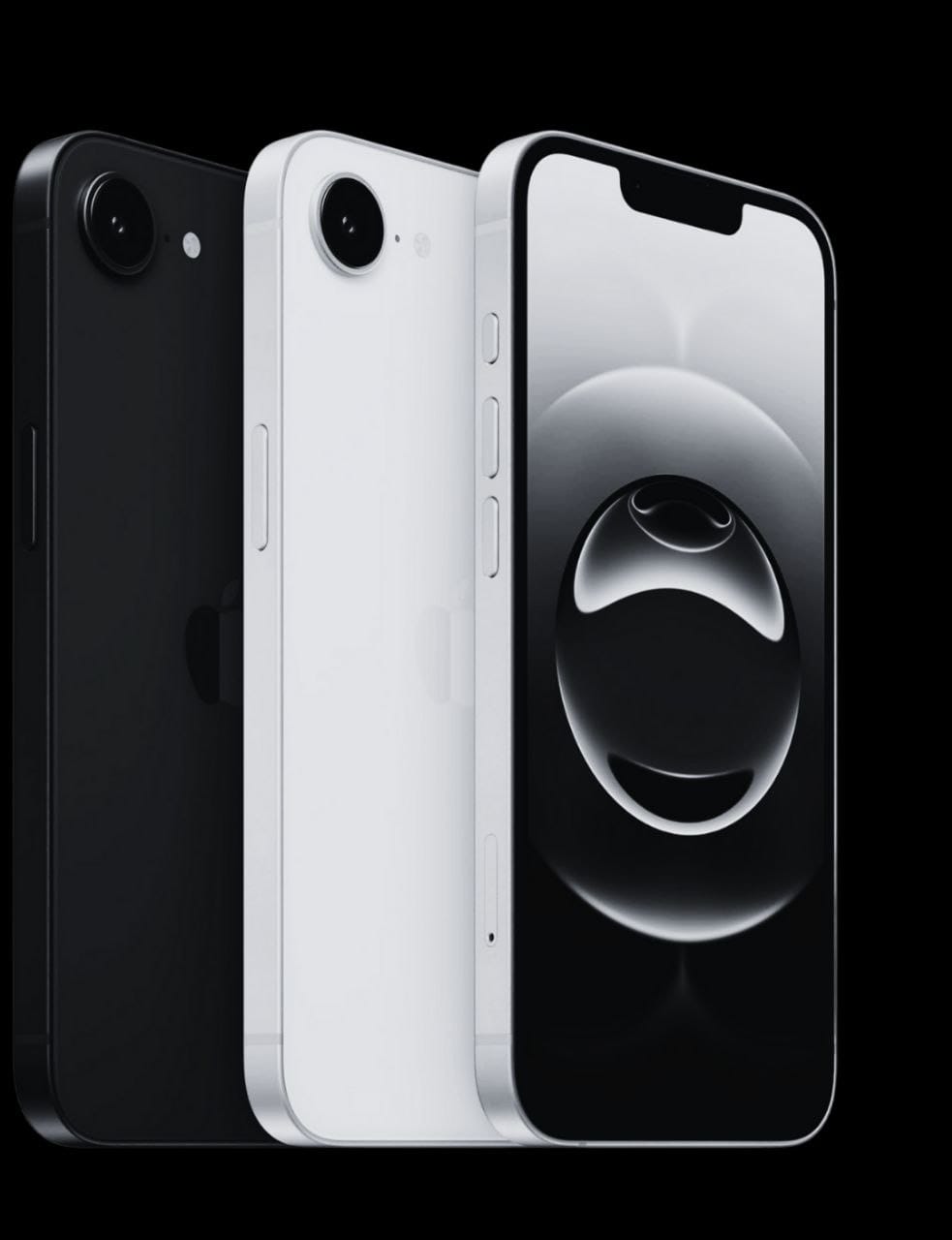 Drei iPhone 16e Modelle in Schwarz und Weiß, frontal und von hinten gezeigt, mit klassischem Notch-Design.