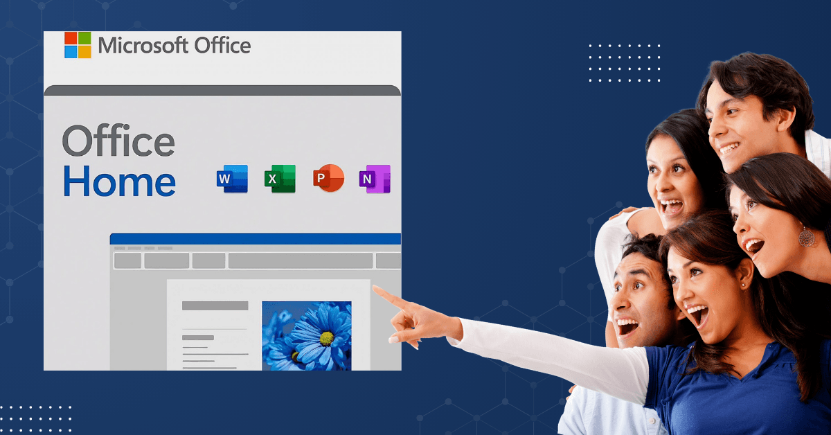 Gruppe begeisterter Menschen zeigt auf ein Microsoft Office Home 2024-Produktfenster mit Word-, Excel-, PowerPoint- und OneNote-Icons.