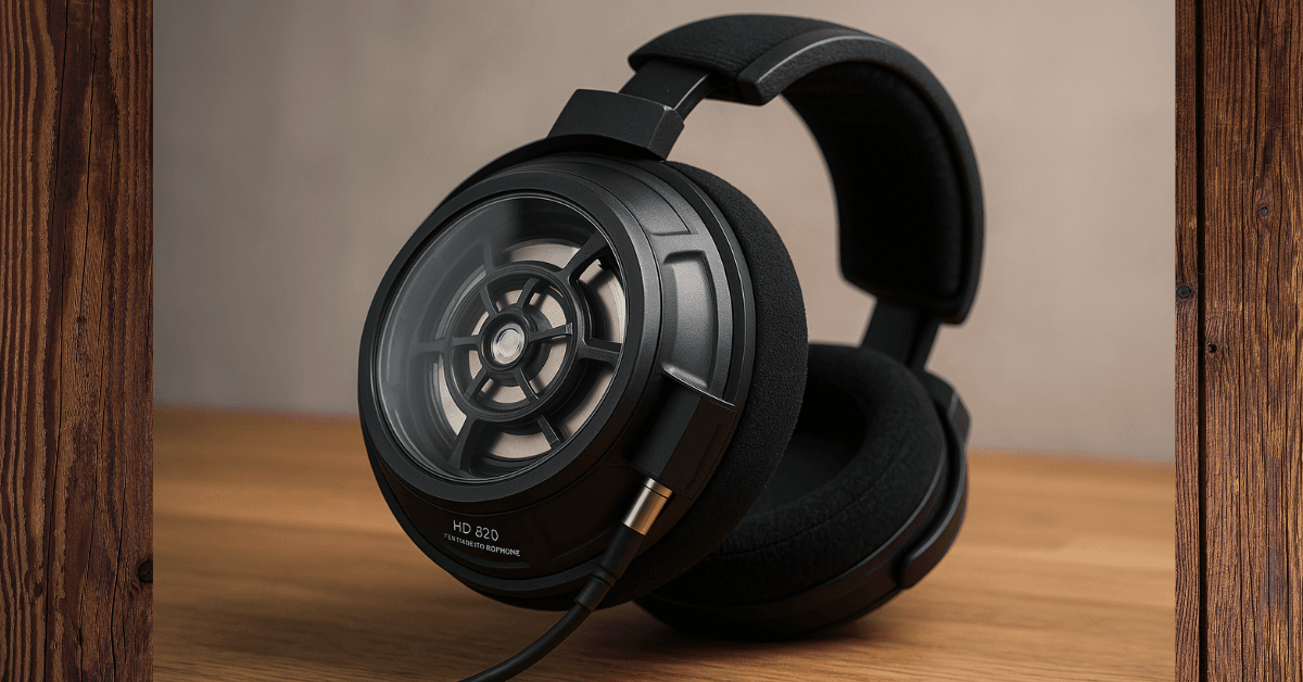 Ein Paar Sennheiser HD 820 Kopfhörer auf einem Holztisch mit Fokus auf das Glasdesign der Ohrmuscheln.
