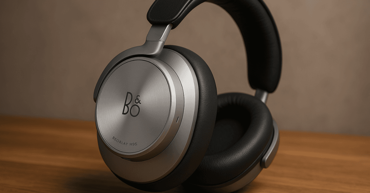 Bang & Olufsen Beoplay H95 Kopfhörer aus Aluminium und Leder auf einem Holztisch.