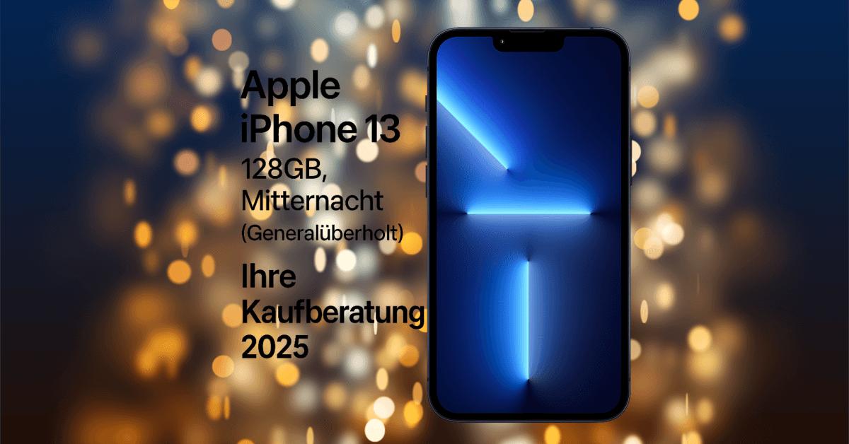 Werbung für das generalüberholte Apple iPhone 13, 128GB in Mitternacht mit Kaufberatung 2025, dargestellt auf einem bunten Bokeh-Hintergrund.