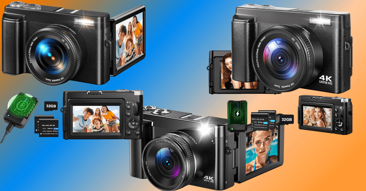 4K Digitalkameras mit 48MP, 180° Klappbildschirm, Zubehör wie 32GB SD-Karte, Akkus und Ladegerät – ideal für Selfies, Vlogging und Einsteiger.