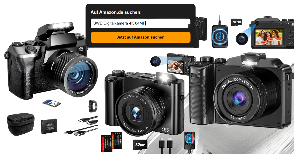 4K Digitalkameras mit 64MP, 16–18X Zoom, Zubehör wie 32GB Speicherkarte, Akkus, Ladegerät und drehbarem Display – ideal für Einsteiger, Reisen und Vlogging.