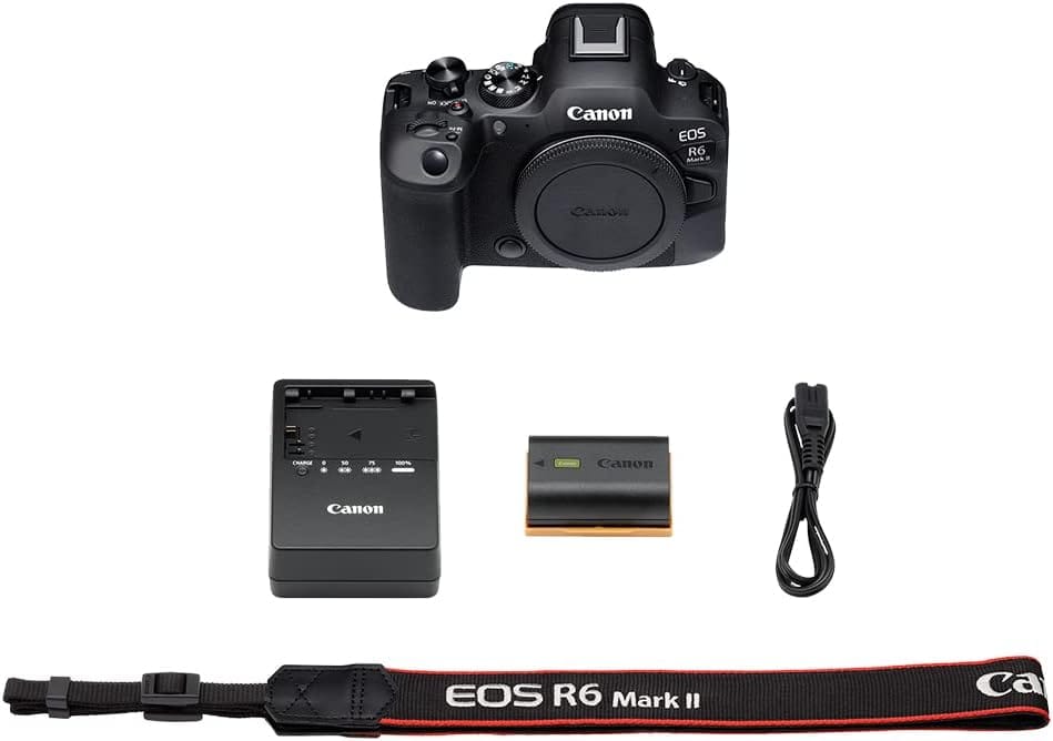 Lieferumfang der Canon EOS R6 Mark II mit Kamera, Ladegerät, Akku, Kabel und Trageriemen