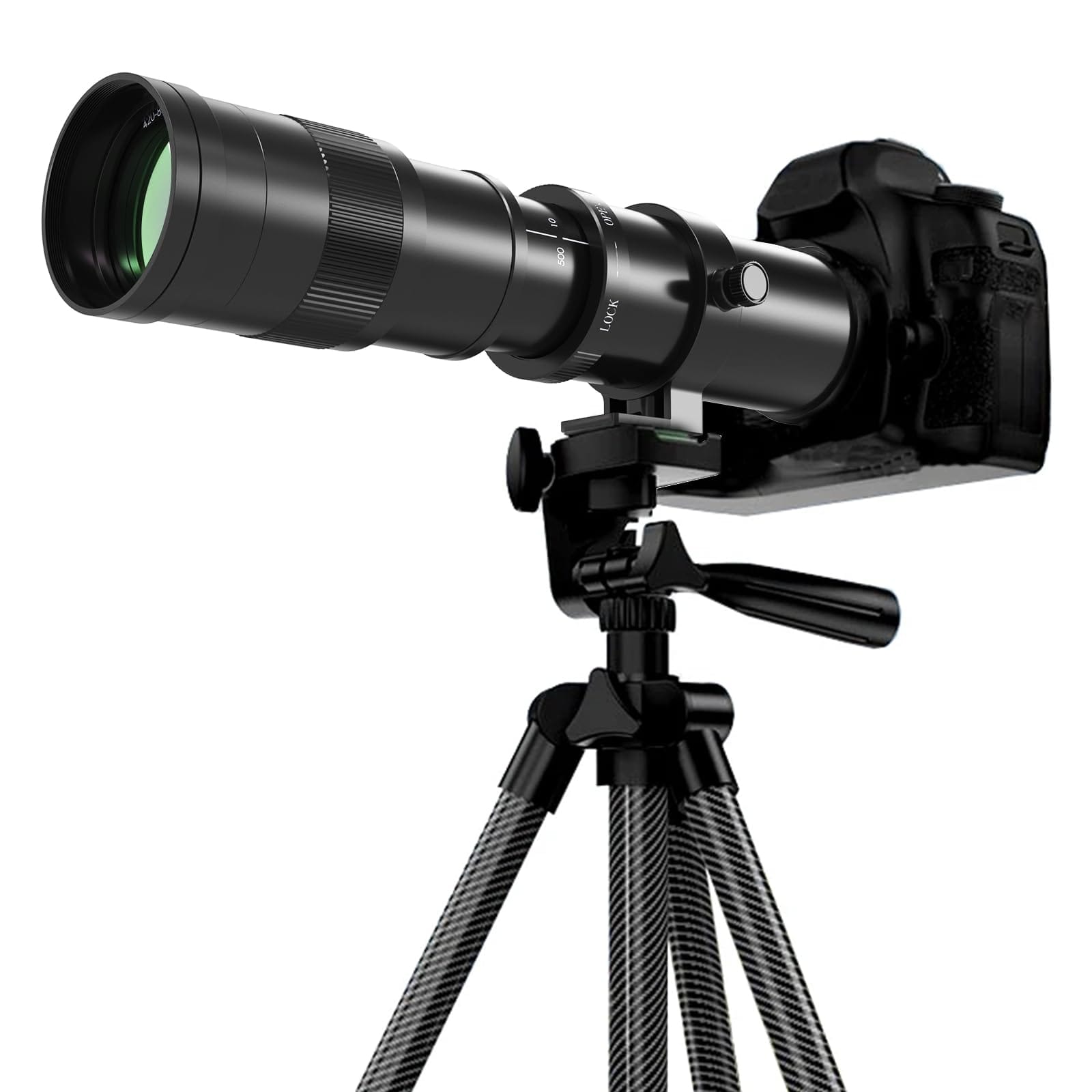 BENOISON 420–800mm manuelles Teleobjektiv, montiert auf einer Canon DSLR-Kamera mit Stativ.