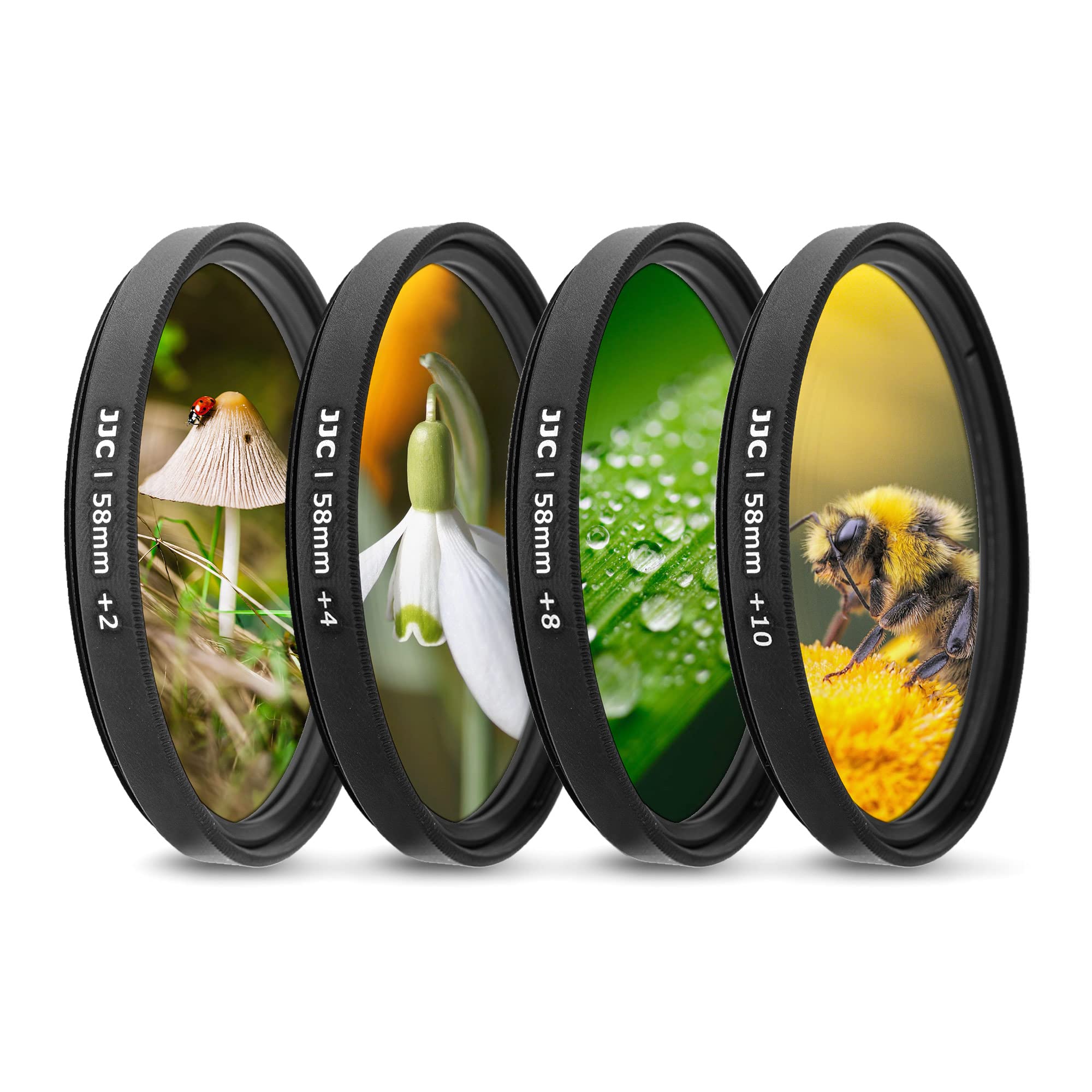 JJC Makrofilter-Set 58 mm mit vier Vergrößerungsstufen (+2, +4, +8, +10), abgebildet mit Beispielaufnahmen von Naturmotiven.