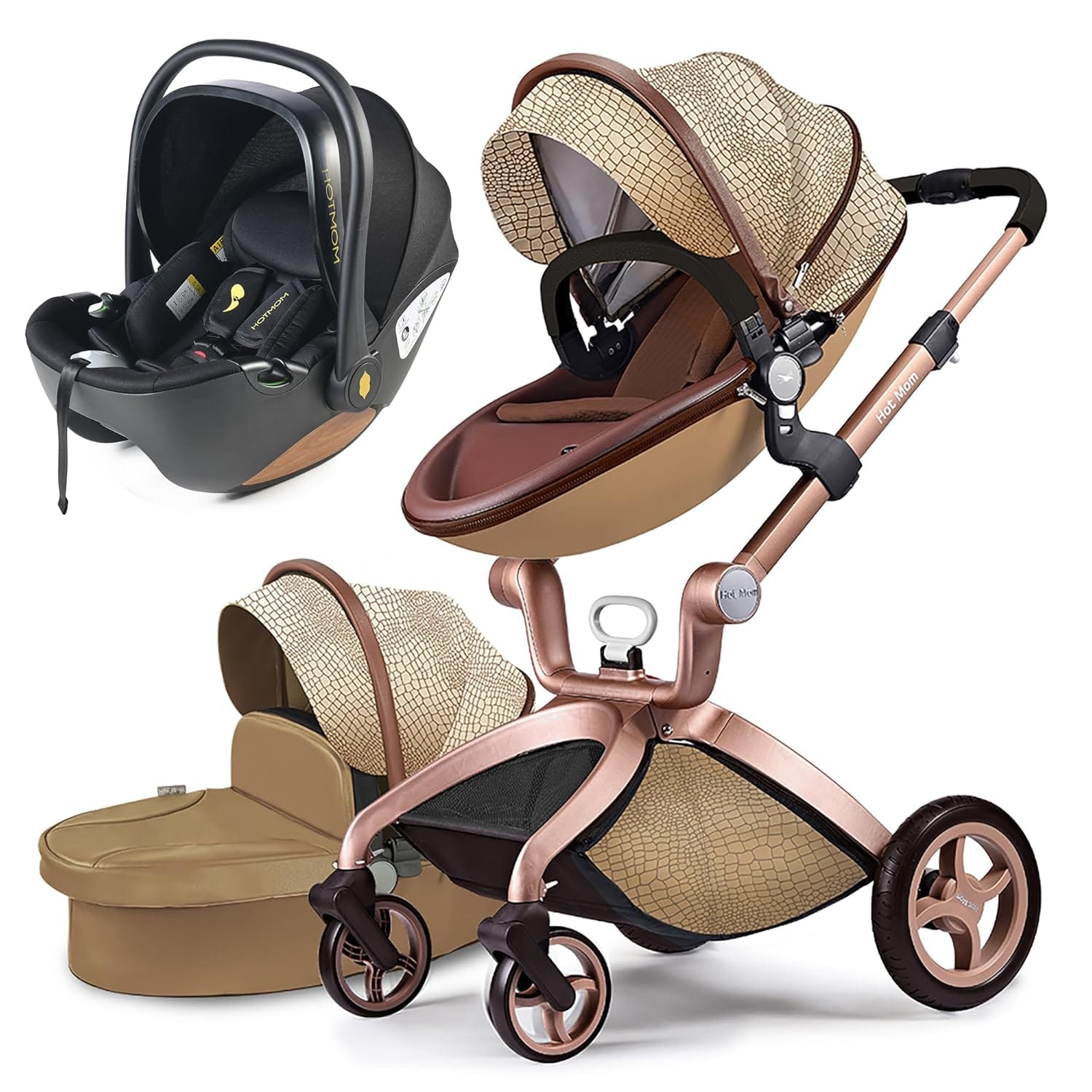 Hot Mom Klassik Kombikinderwagen 3in1 mit Babyschale, Babywanne und Sportsitz in stilvollem Design.