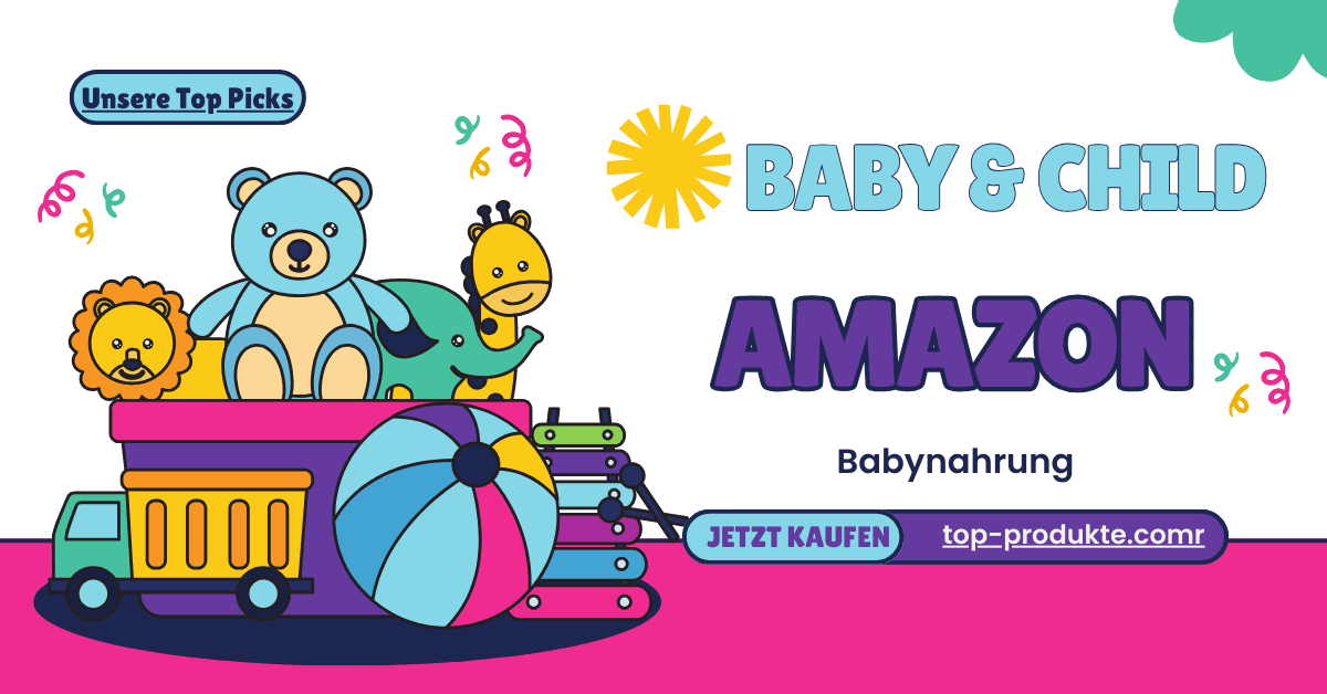 Spielzeug und bunte Illustration zu Baby- und Kinderprodukten, erhältlich bei Amazon über top-produkte.com