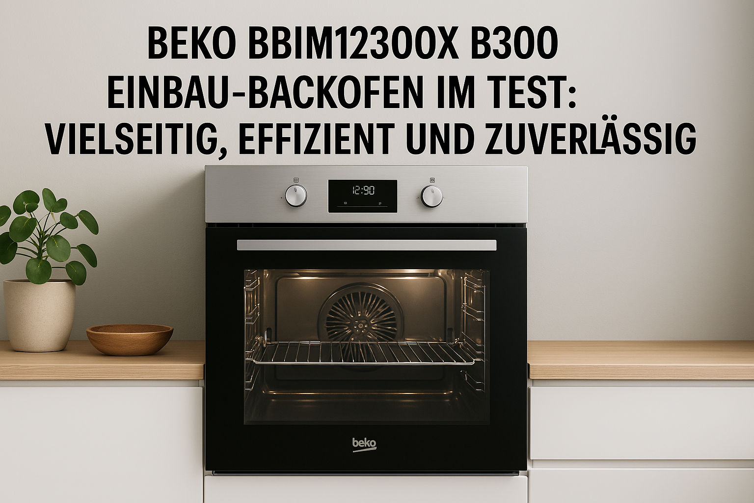 Beko BBIM12300X b300 Einbau-Backofen mit geöffneter Tür und moderner Edelstahl-Optik in einer stilvollen Küche