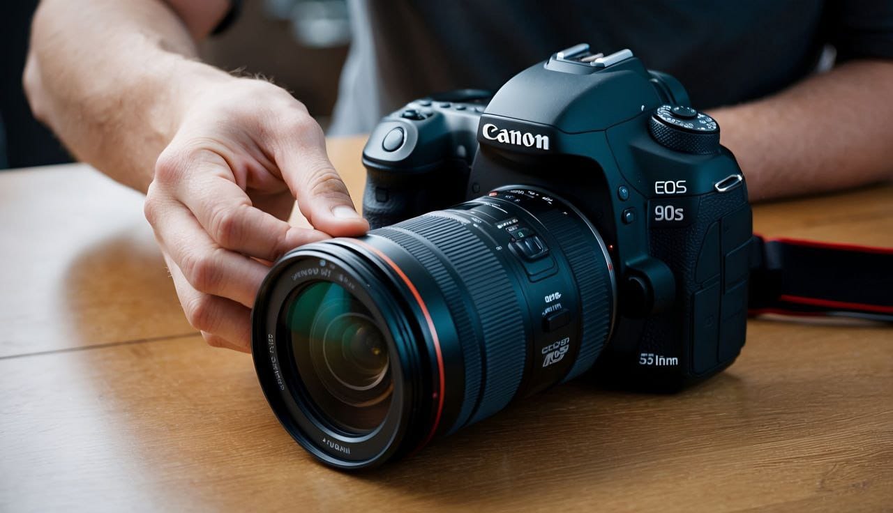 Eine Person hält eine Canon EOS 90D Spiegelreflexkamera mit einem großen Objektiv in der Hand.