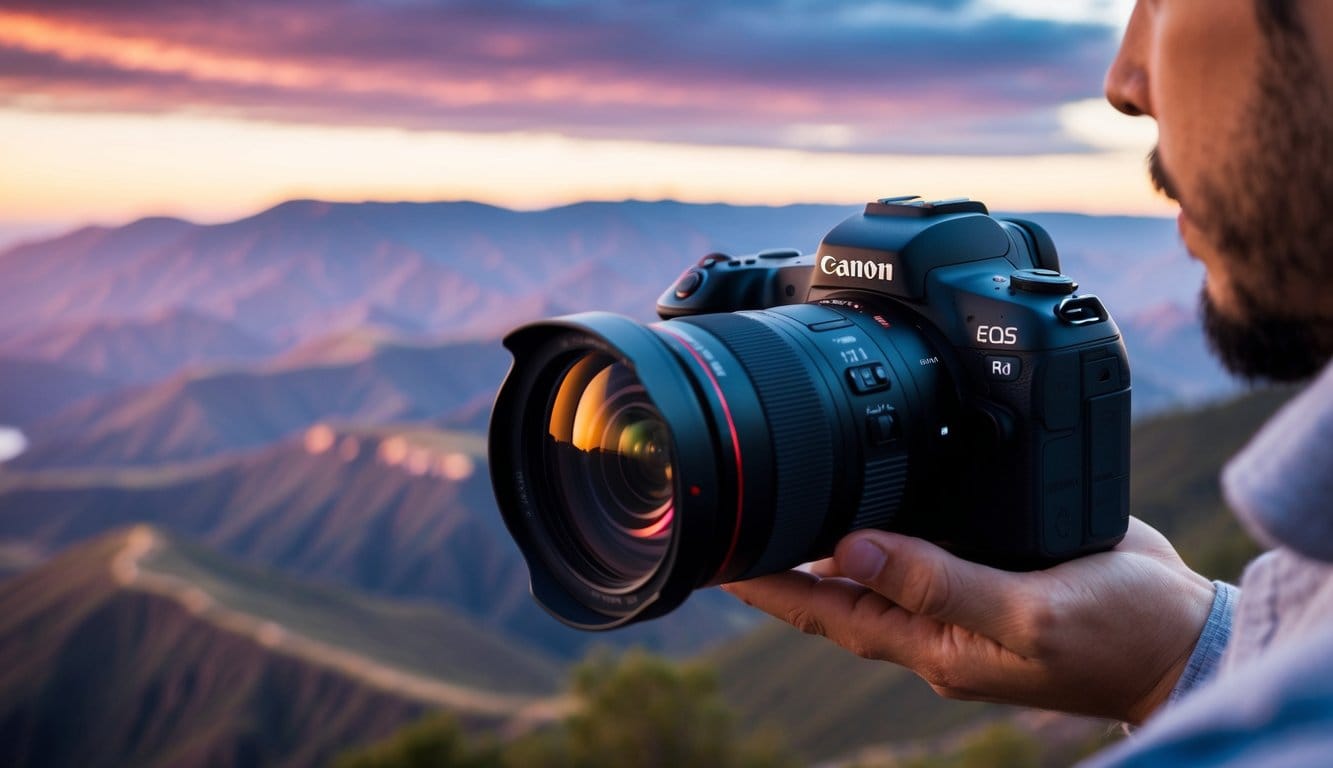 Ein Mann hält eine Canon EOS Kamera mit großem Objektiv in der Hand und blickt in eine malerische Berglandschaft bei Sonnenuntergang.