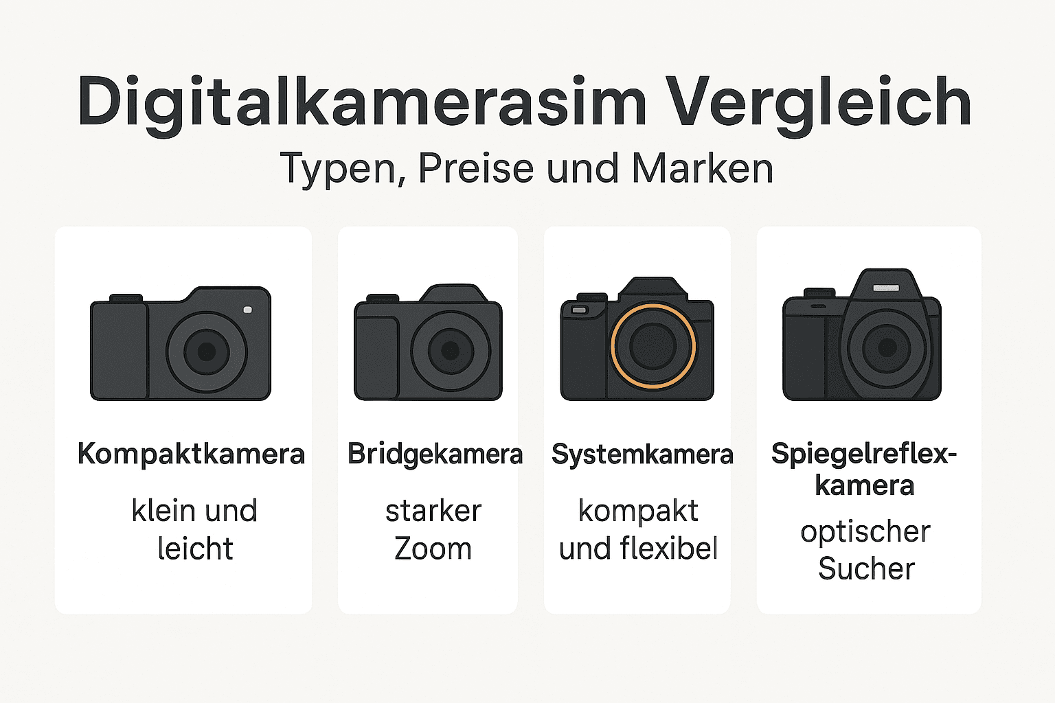 Infografik zum Vergleich von Digitalkameras: Kompaktkamera, Bridgekamera, Systemkamera und Spiegelreflexkamera