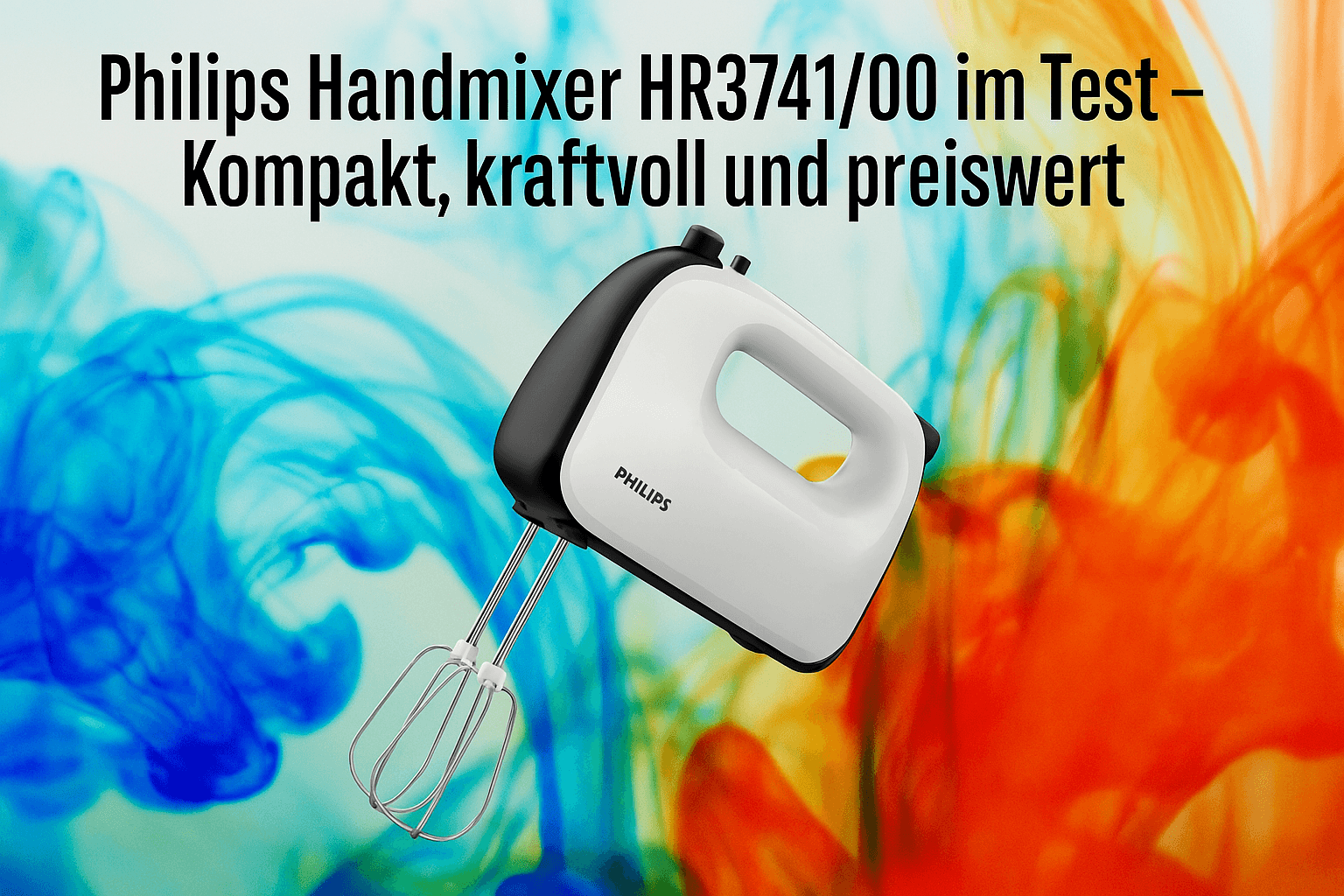 Philips Handmixer HR3741/00 – kompakter weiß-schwarzer Handmixer mit Rührbesen vor farbenfrohem Hintergrund