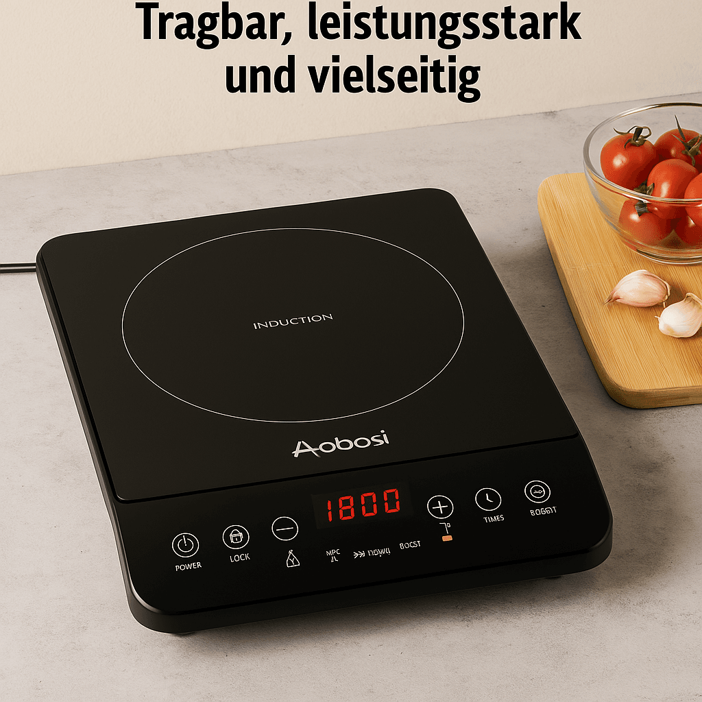 Aobosi Induktionskochfeld mit LED-Anzeige und Touch-Bedienung auf heller Küchenplatte, daneben Tomaten und Knoblauch