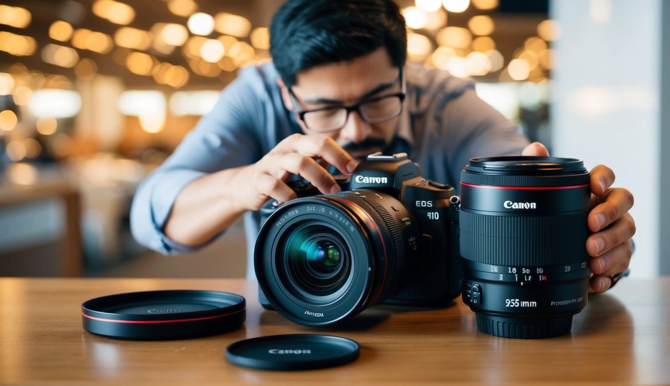 Ein Mann mit Brille richtet eine Canon EOS R10 Kamera mit einem großen Objektiv aus, während er ein weiteres Canon-Objektiv in der Hand hält.