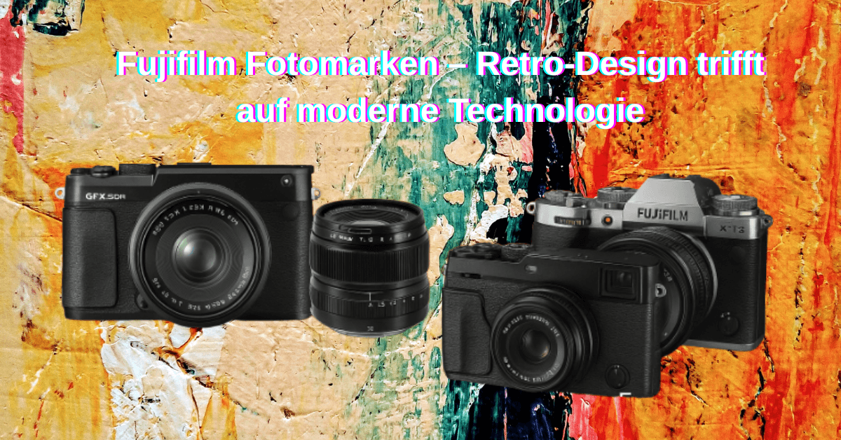 Fujifilm Fotomarken – Kameras und Objektive im Retro-Design mit moderner Technologie vor einem Sonnenuntergangshintergrund.