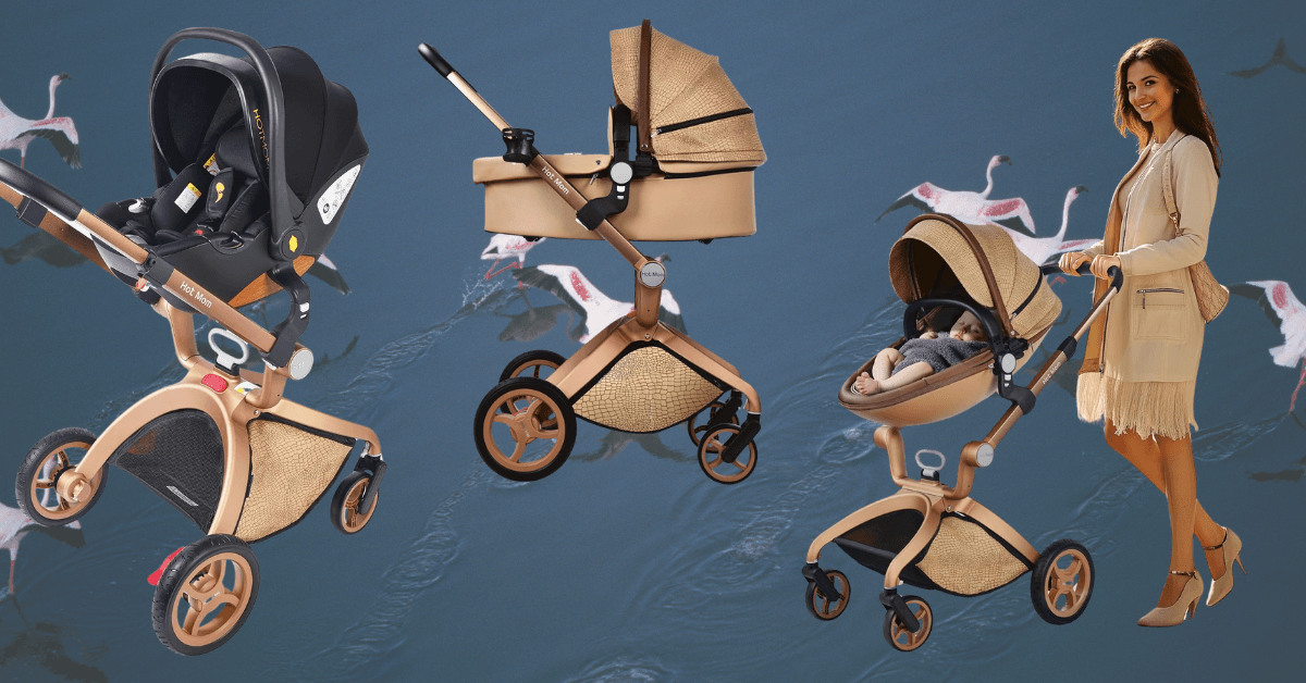 Hot Mom Kinderwagen 3 in 1 Kombikinderwagen – Babyschale, Babywanne und Sportsitz in stilvollem Design mit moderner Mutter.