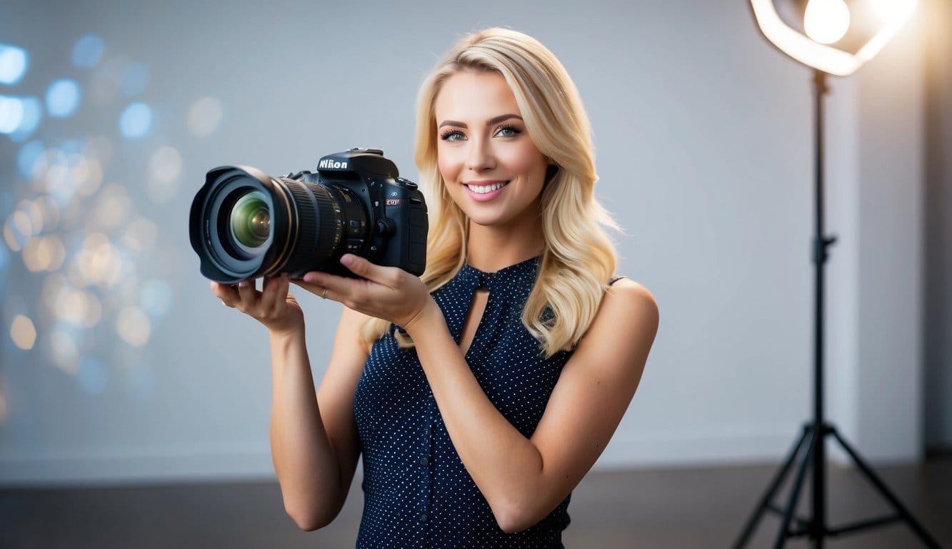 Freundliche blonde Frau hält Nikon D5300 DSLR-Kamera in Fotostudio, geeignet für Fotografie-Einsteiger.