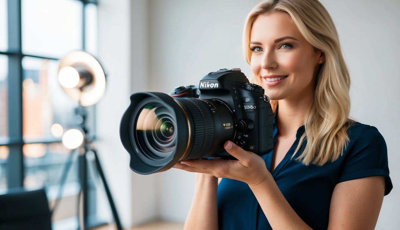 Eine Nikon D7500 DSLR-Kamera auf einem Tisch mit Fotoausrüstung,