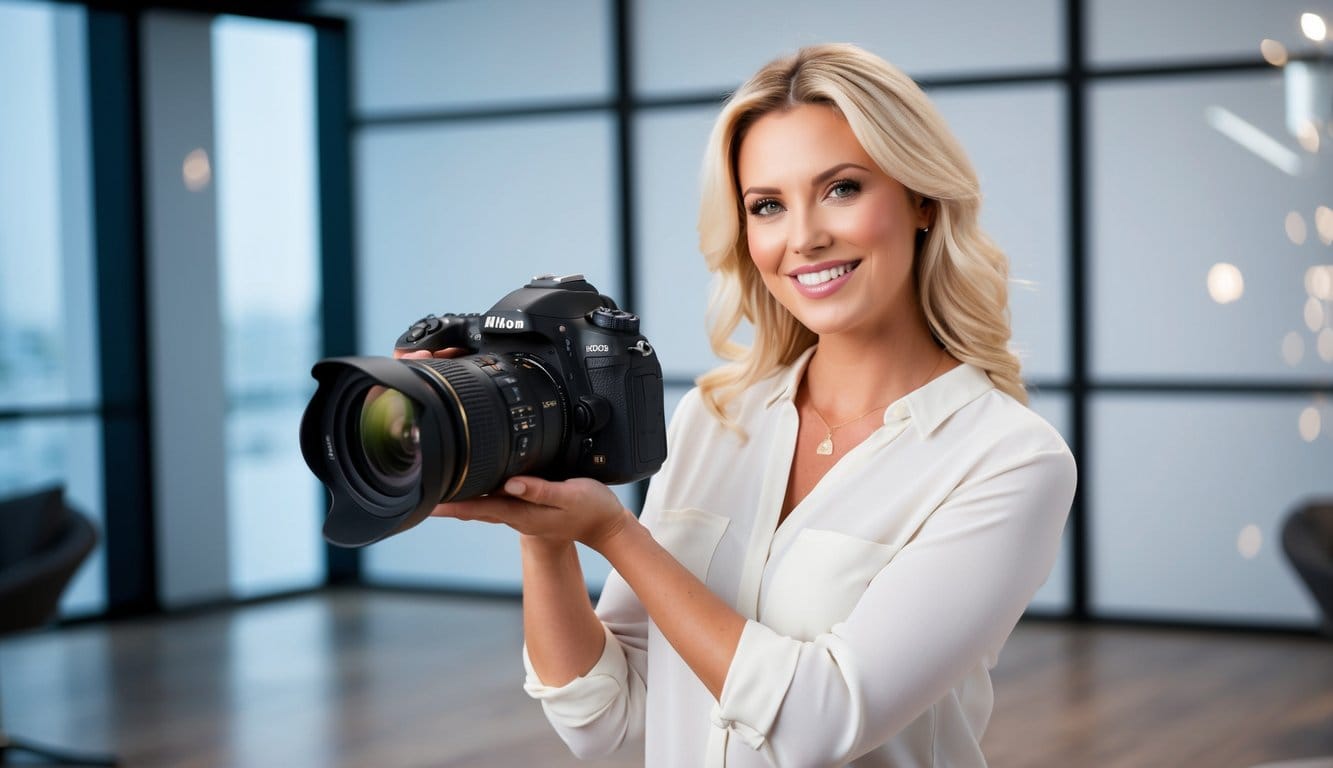 Lächelnde blonde Frau präsentiert eine Nikon D780 Kamera in einem modernen Fotostudio.