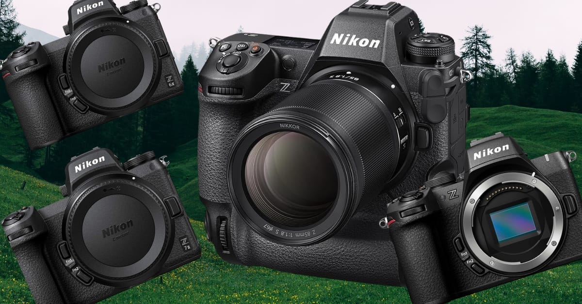 Mehrere spiegellose Nikon Z-Systemkameras, darunter Z9, Z7 II, Z6 II und Z5, vor einem grünen Naturhintergrund.