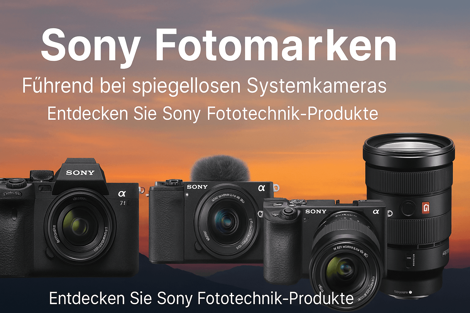 Sony Fotomarken – Entdecken Sie spiegellose Kameras und Objektive der Sony Alpha-Serie vor einem Sonnenuntergangshintergrund.