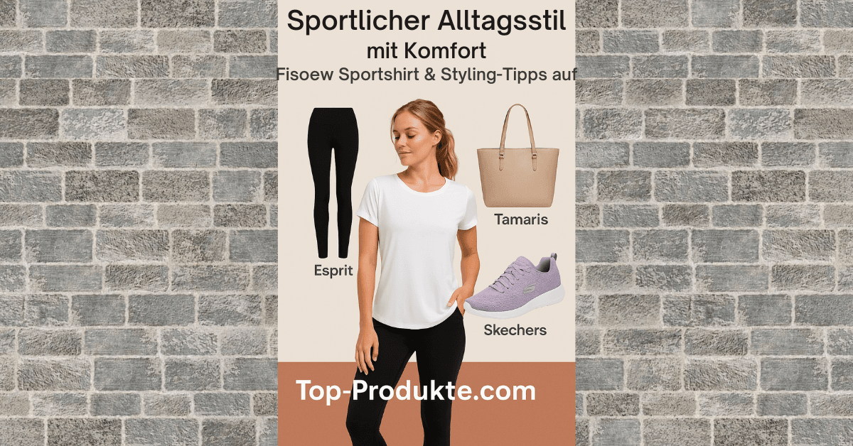Sportliches Damenoutfit mit weißem Fisoew T-Shirt, schwarzen Esprit Leggings, beiger Tamaris Handtasche und lila Skechers Sneakern – dargestellt auf einem neutralen Hintergrund mit der Aufschrift „Top-Produkte.com“.