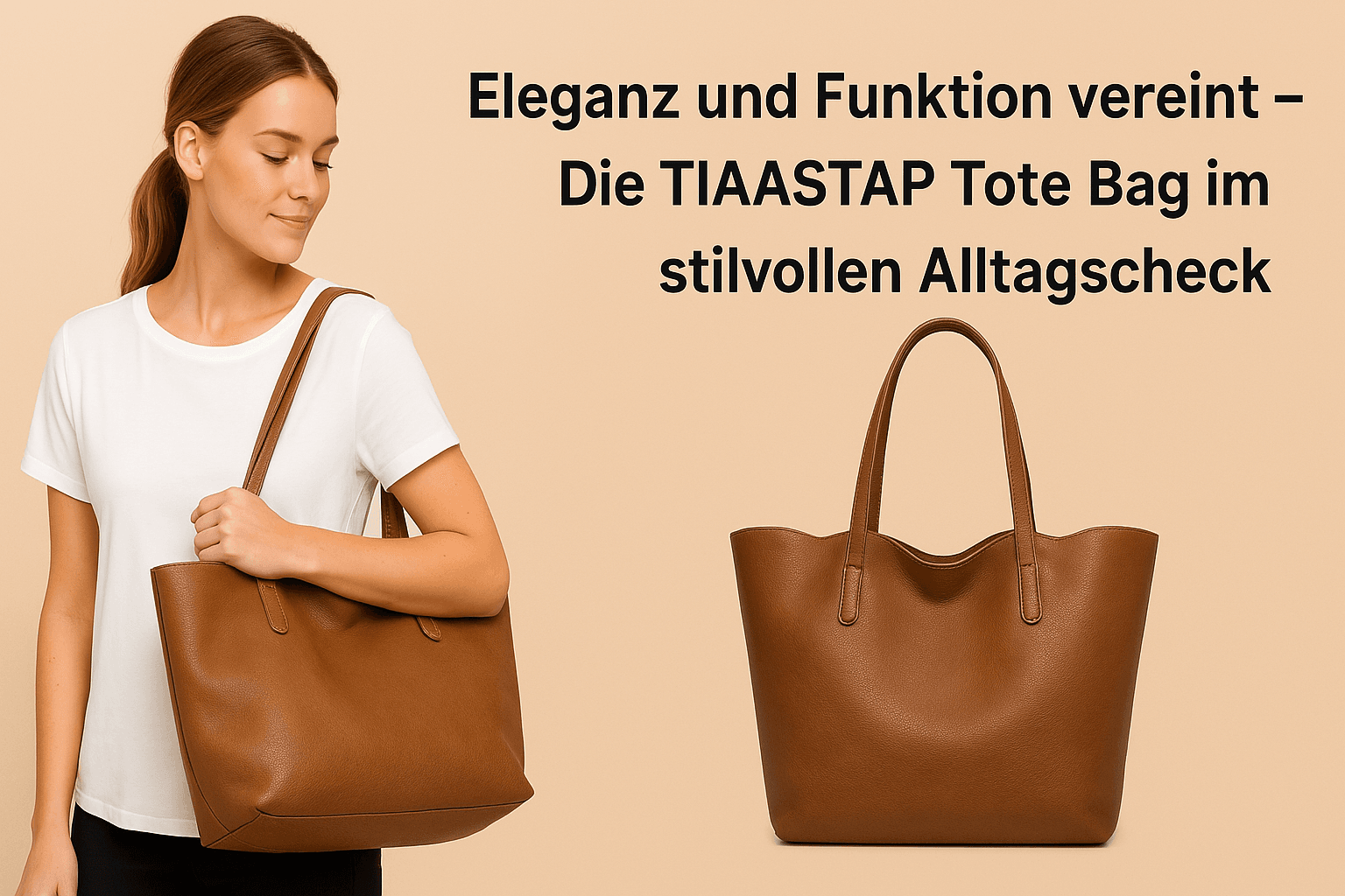 Junge Frau mit weißem T-Shirt trägt eine braune TIAASTAP Tote Bag aus Kunstleder vor einem beigen Hintergrund mit der Aufschrift „Eleganz und Funktion vereint – Die TIAASTAP Tote Bag im stilvollen Alltagscheck“.