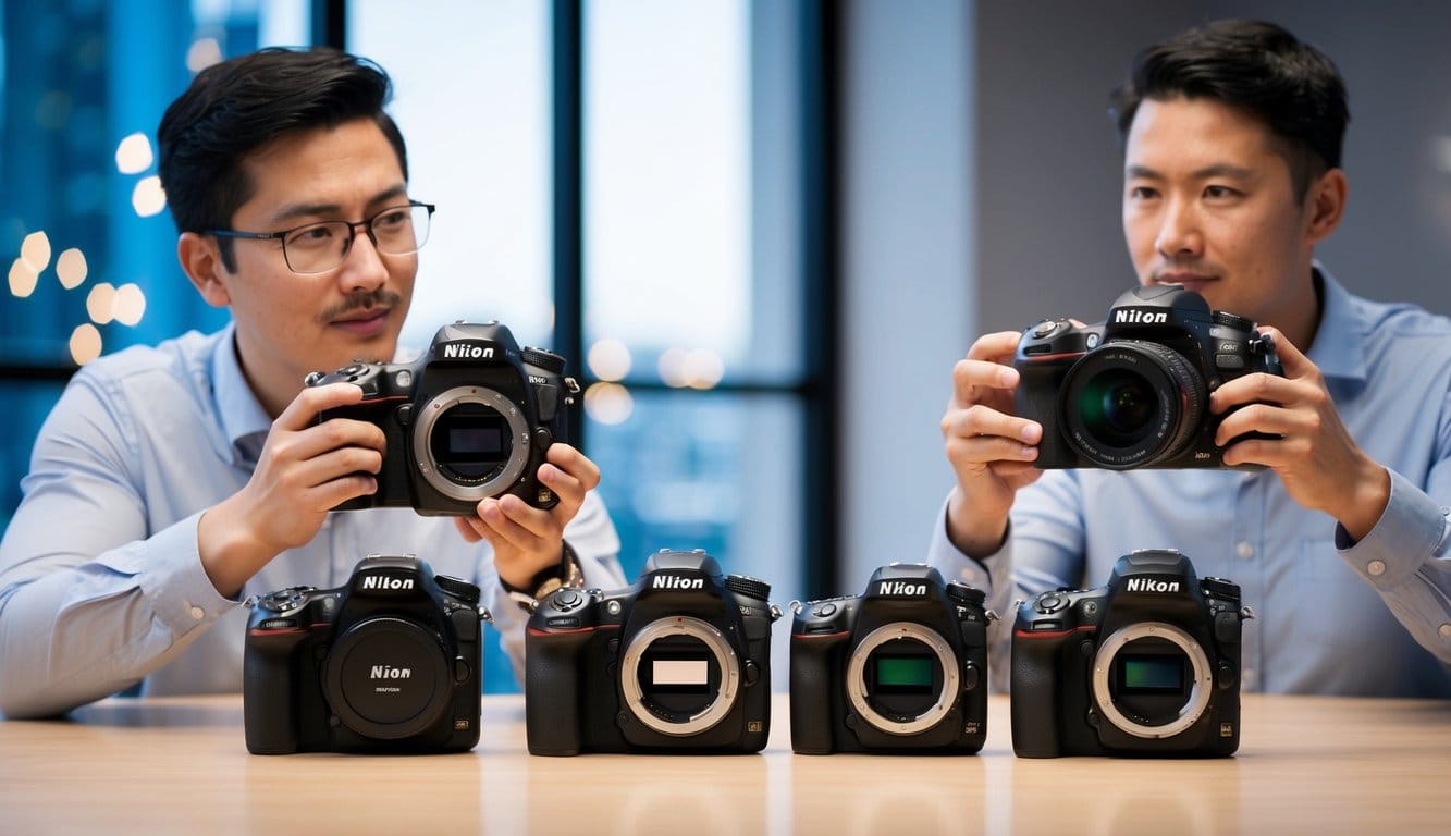 Zwei Männer vergleichen verschiedene Nikon DSLR-Kameras, darunter D7500, D780 und D5300, auf einem Tisch im Studio.
