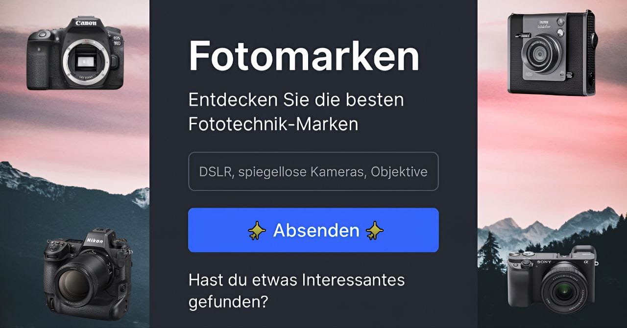 Fotomarken entdecken – Kameras von Canon, Nikon, Sony und einer Vintage-Kamera auf Hintergrund mit Bergen und Sonnenuntergang.