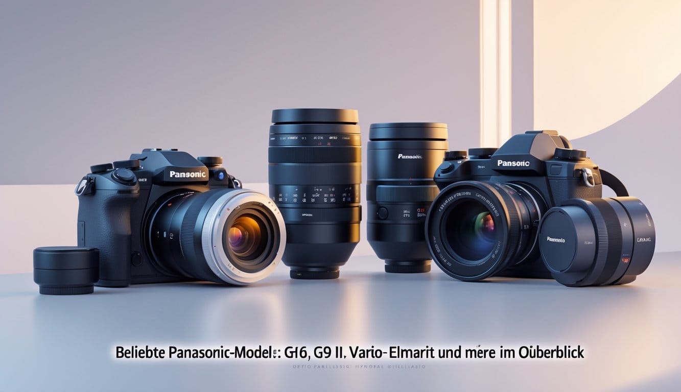 Mehrere spiegellose Panasonic-Kameras und Objektive, darunter GH6 und G9 II, stehen auf einem Tisch in modernem Studiolicht.