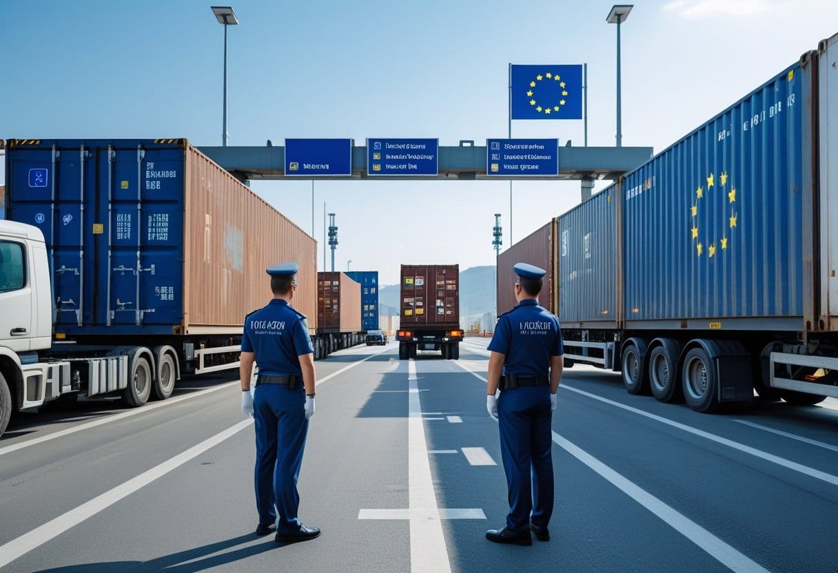 Ein moderner Zollkontrollpunkt an einer europäischen Grenze mit Zollbeamten, die Lastwagen und Frachtcontainer inspizieren.