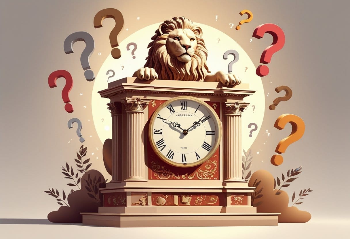 Eine römische Uhr mit einer Löwenfigur, umgeben von Symbolen für Fragen und Ideen.