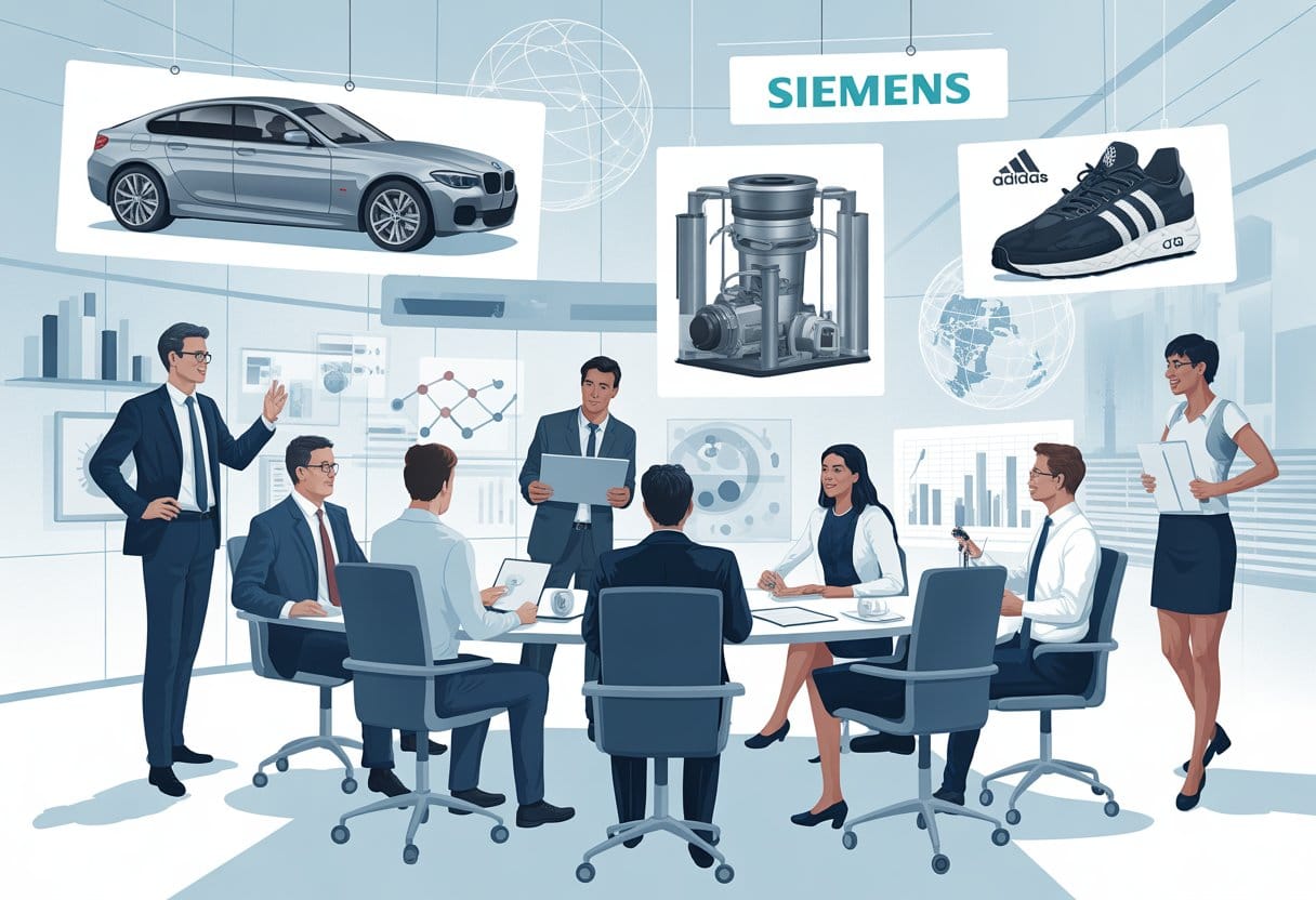 Geschäftsleute aus verschiedenen deutschen Unternehmen arbeiten gemeinsam in einem modernen Büro an einem Konferenztisch.