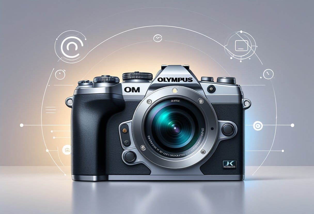 Eine moderne Olympus OM SYSTEM Kamera von 2025 auf einem neutralen Hintergrund.