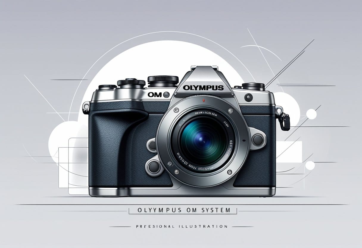 Eine moderne Olympus OM SYSTEM Spiegelreflexkamera aus dem Jahr 2025, dargestellt vor einem schlichten Hintergrund.