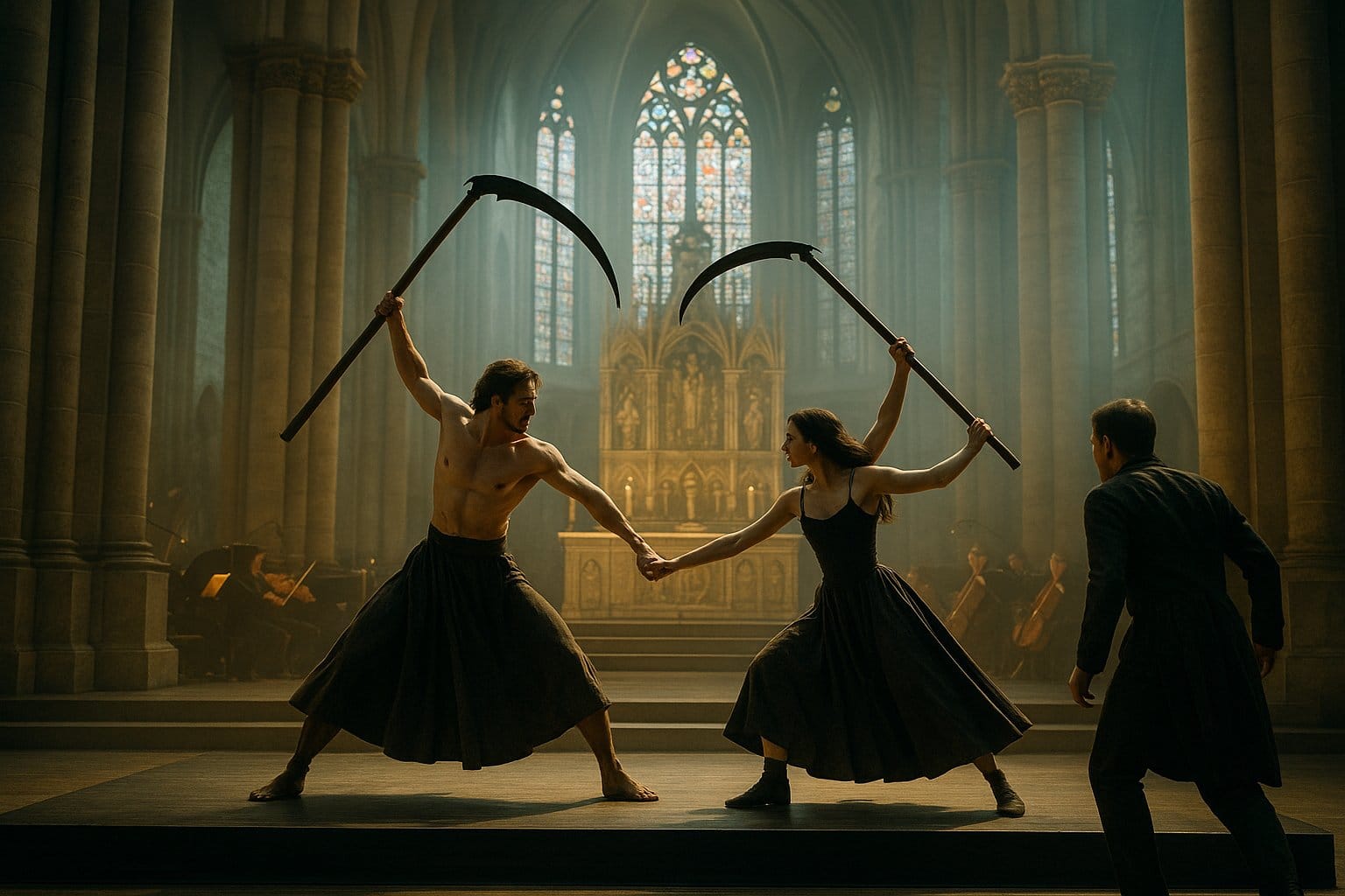 Tanzperformance mit Sensen in gotischer Kathedrale – Kunstszene im Paderborner Dom