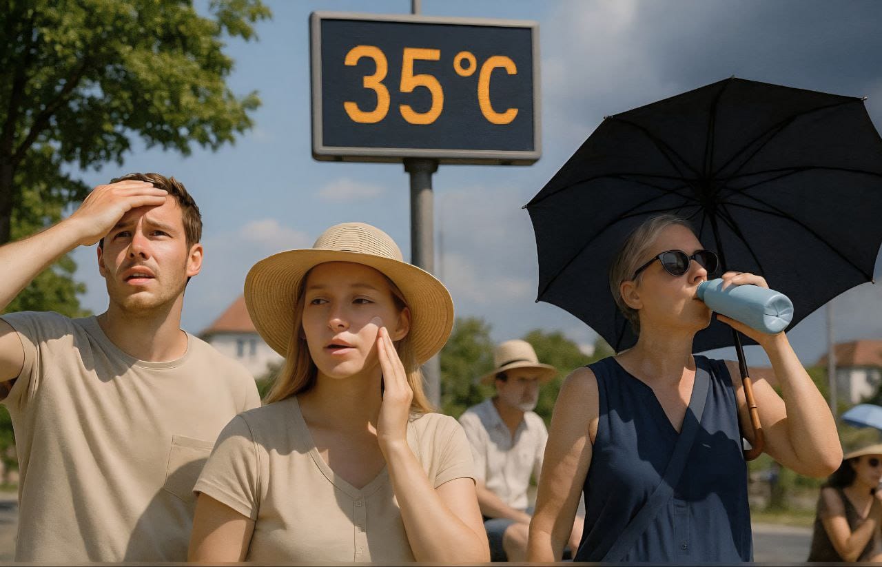 Menschen bei 35 Grad Celsius im Sommer, mit Sonnenhut, Sonnenschutz und Trinkflasche.