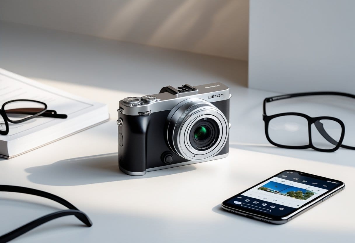 Digitalkamera auf einem Schreibtisch neben einer Brille und einem Smartphone