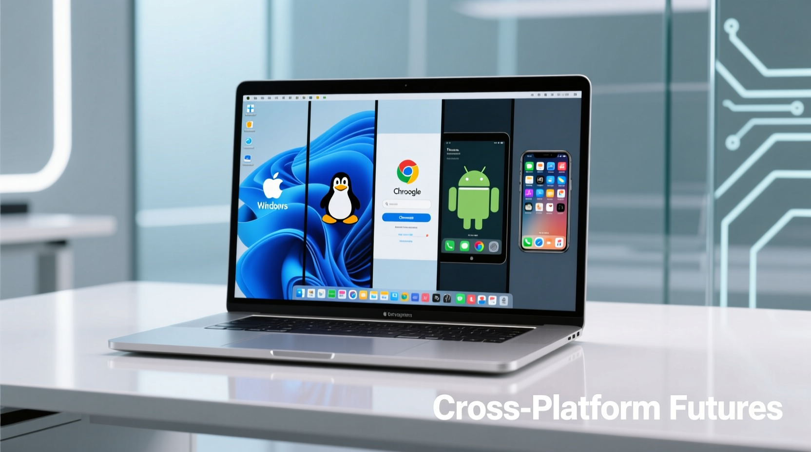 Realistisches Foto eines modernen, eleganten Laptops auf einem hellen Schreibtisch, der Bildschirm ist in mehrere Fenster aufgeteilt, die verschiedene Betriebssysteme nebeneinander zeigen: Windows 11-Oberfläche, Linux mit Tux-Logo, macOS-Desktop, ChromeOS-Anmeldebildschirm, Android-Tablet-Benutzeroberfläche, iOS-iPhone-Bildschirm