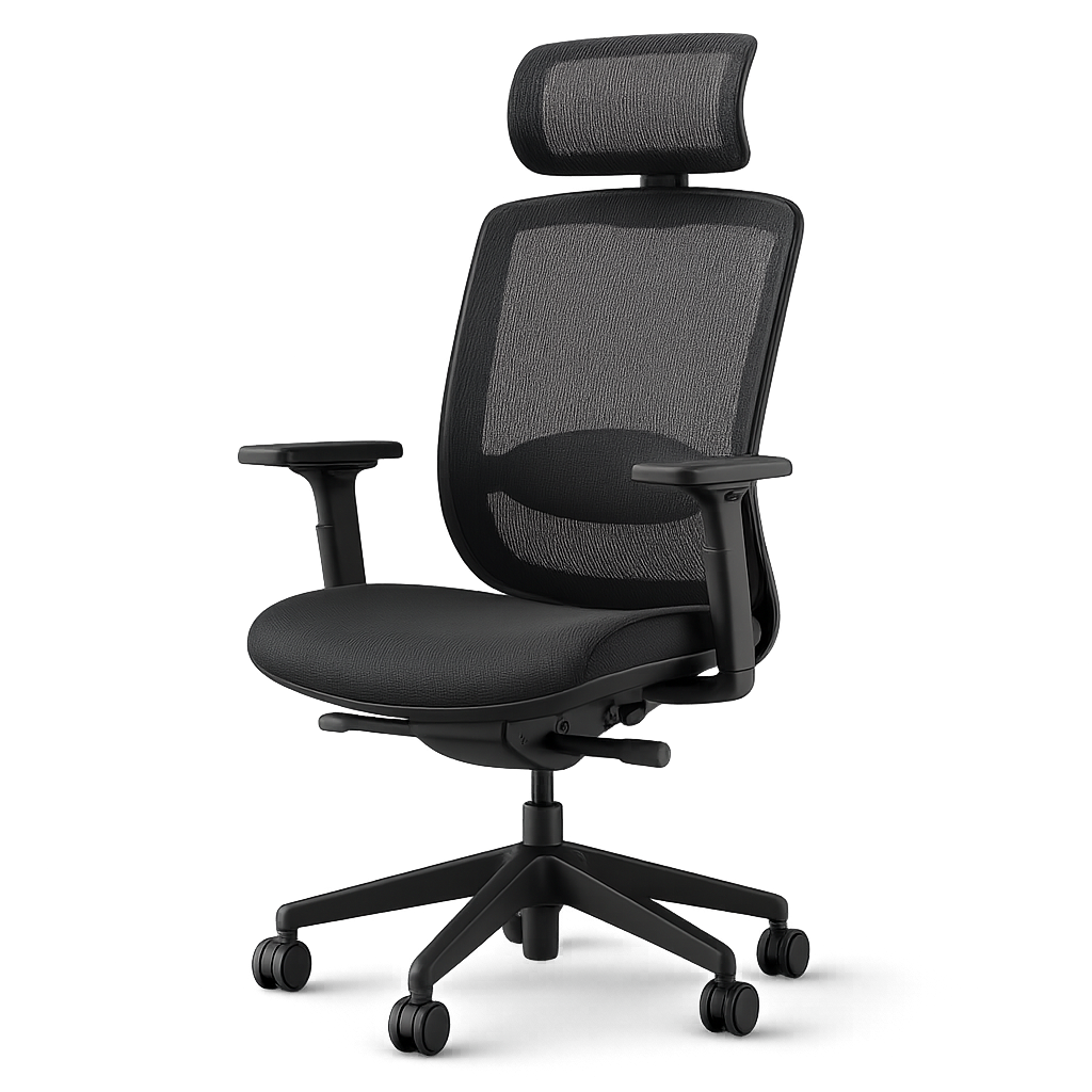 Ergonomischer Bürostuhl in Schwarz mit atmungsaktiver Mesh-Rückenlehne, verstellbarer Kopfstütze, Lendenstütze und 5-Stern-Fuß mit Rollen.