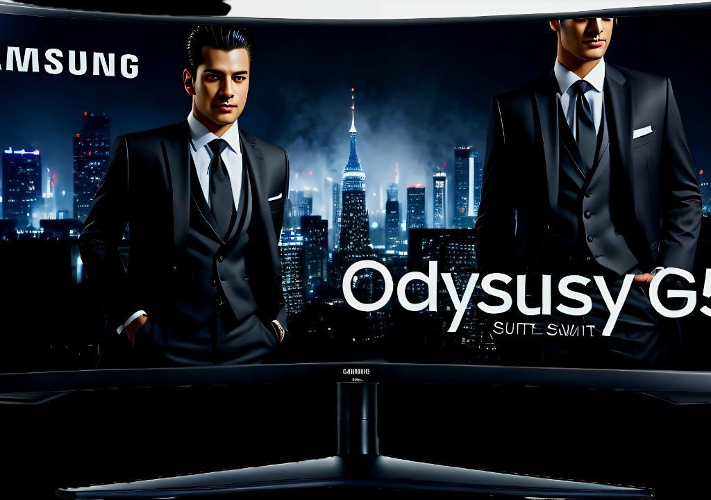 Gekrümmter Ultrawide-Monitor vor nächtlicher Skyline; zwei Männer im Anzug in einer werbeartigen Szene – Symbolbild, kein Herstellerfoto.