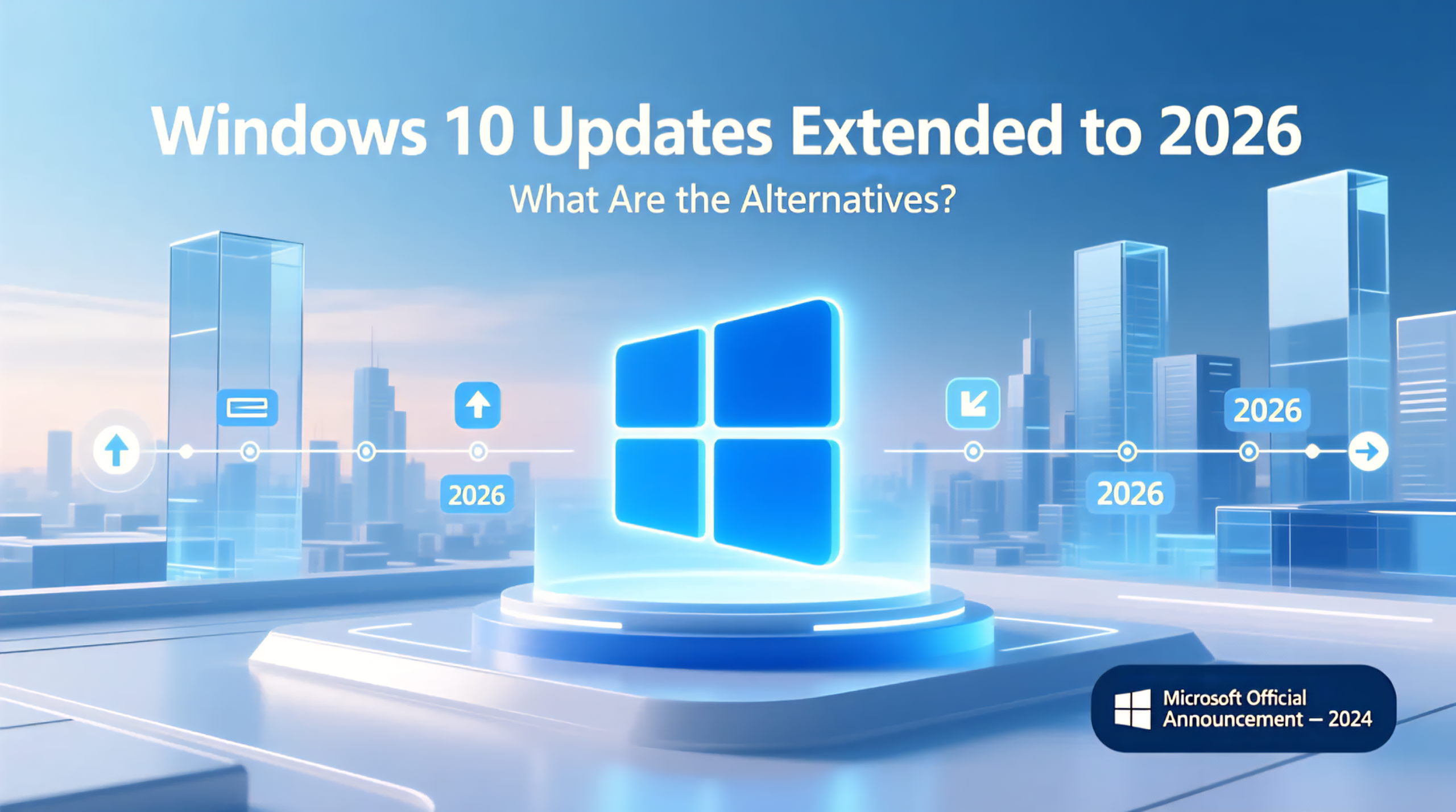 Windows-10-Logo vor Stadtsilhouette; Zeitleiste zeigt „Updates bis 2026“ und Frage nach Alternativen