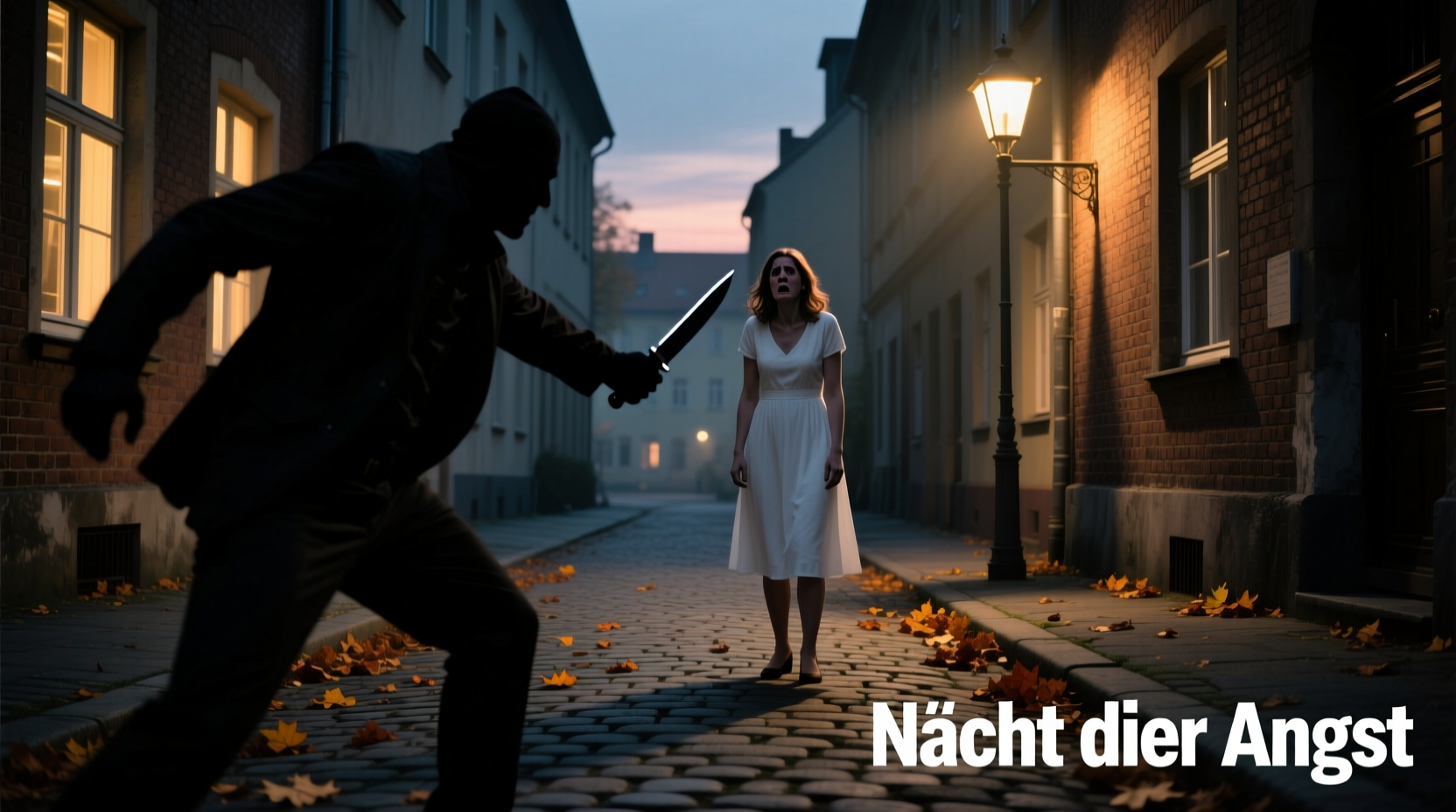 Ein Mann in Schwarz greift mit einem Messer eine Frau in weißer Kleidung an
