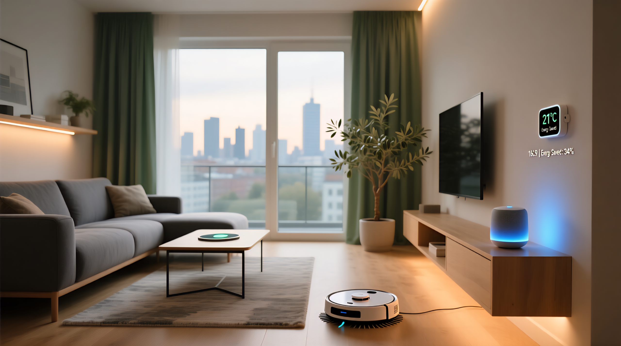 Smart Home 2025 – ein modernes smartes Wohnzimmer in Deutschland mit Alexa, Beleuchtung und Staubsaugerroboter