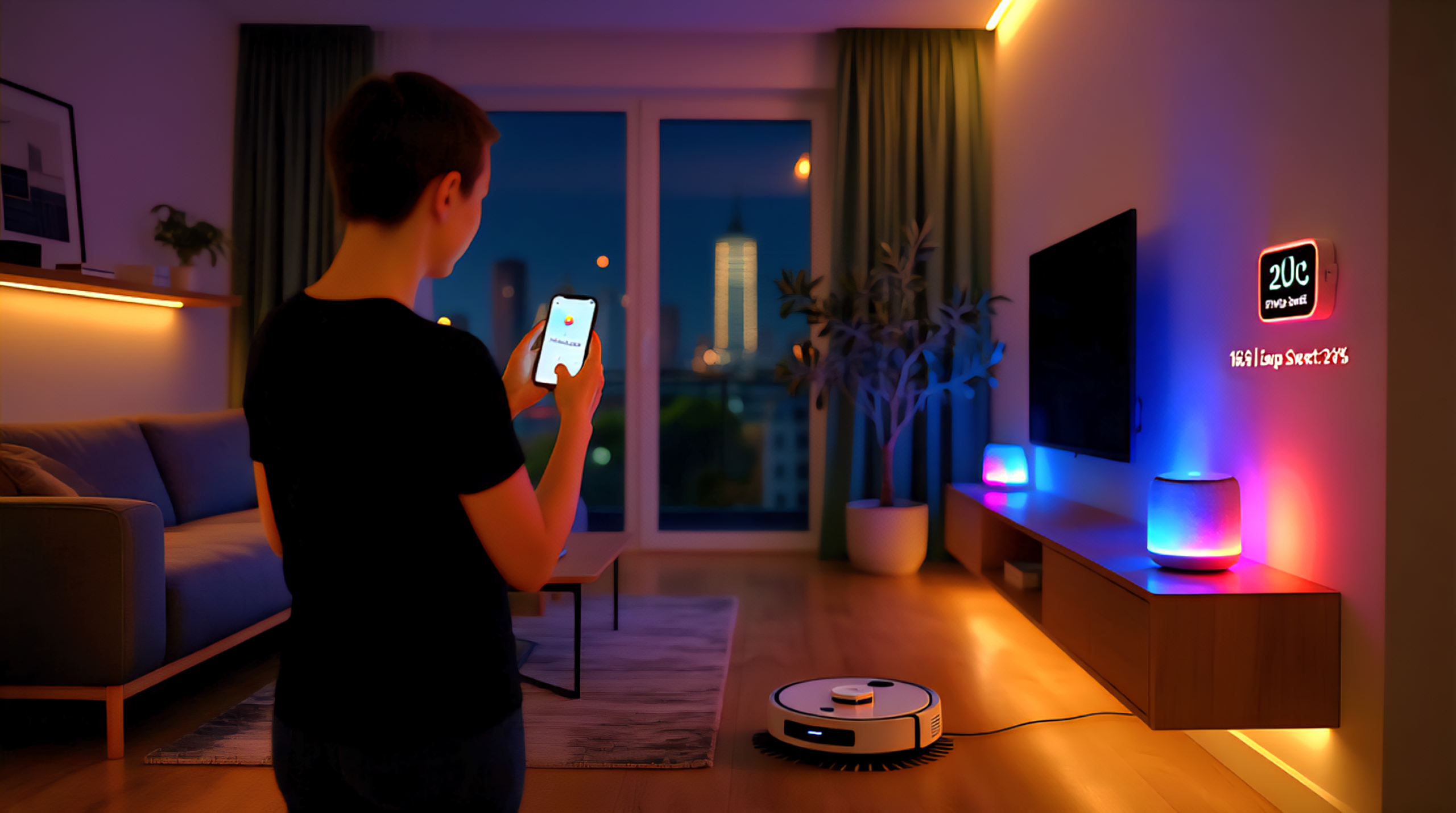 Realistic close-up photo of a stylish German living room at night with smart lighting — colorful Philips Hue and Nanoleaf panels glowing on the wall, creating modern atmosphere. A person adjusts light via smartphone app. Realistic close-up photo of a stylish German living room at night with smart lighting — colorful Philips Hue and Nanoleaf panels glowing on the wall, creating modern atmosphere. A person adjusts light via smartphone app.