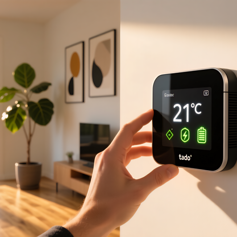 Realistisches Foto einer Hand, die einen intelligenten Thermostat an der Wand einer modernen deutschen Wohnung einstellt. Die Digitalanzeige zeigt Temperatur- und Energiesparsymbole an. Warmes Morgenlicht durch das Fenster, minimalistisches Design, gemütliche Atmosphäre. Realistisches Foto einer Hand, die einen intelligenten Thermostat an der Wand einer modernen deutschen Wohnung einstellt. Die Digitalanzeige zeigt Temperatur- und Energiesparsymbole an. Warmes Morgenlicht durch das Fenster, minimalistisches Design, gemütliche Atmosphäre.